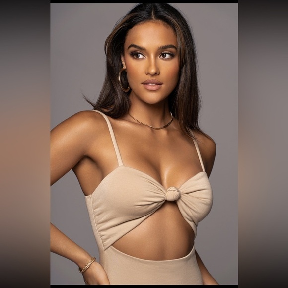 NEW JLUXLABEL Beige Midnight Memories Fitted Knot Cut Out Midi Dress - Picture 2 of 11